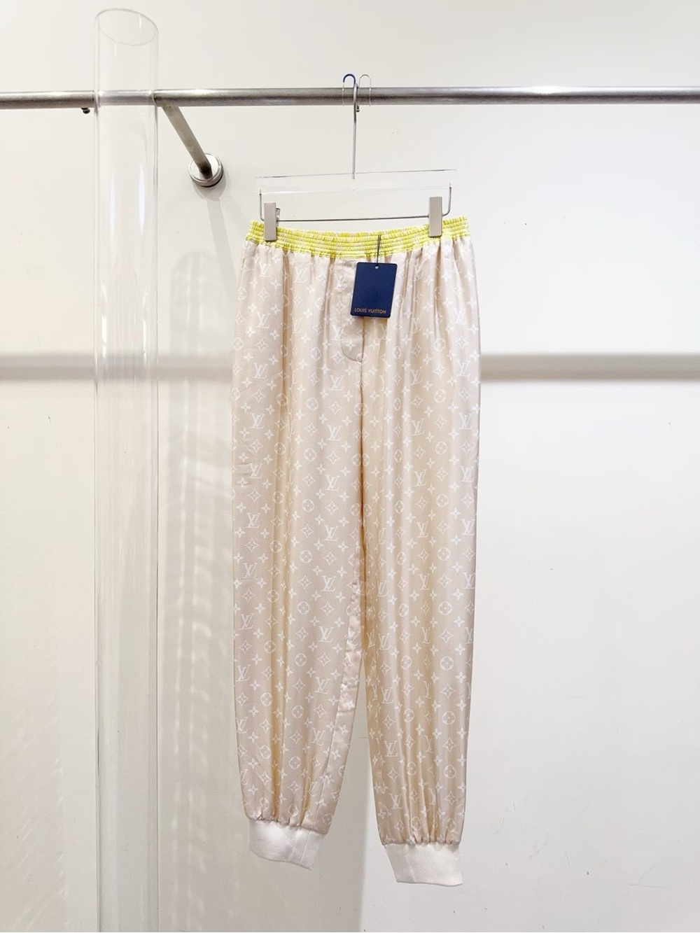 Louis Vuitton Beige Monogram Track Pants with Neon Yellow Waistband